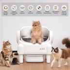 White self-cleaning litter box with cats around it on a wooden floor.
