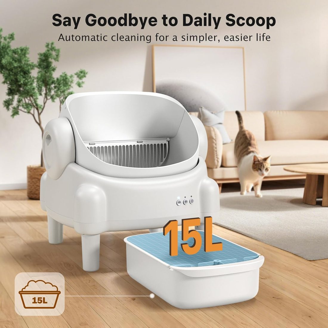 Self-cleaning litter box in a living room