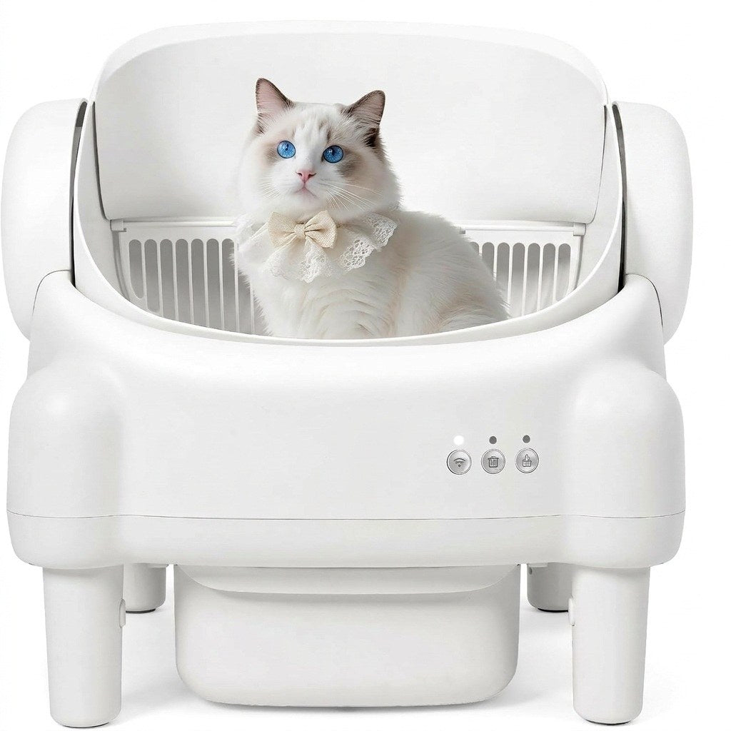 Open-top self-cleaning automatic cat litter box with a white Ragdoll cat sitting inside